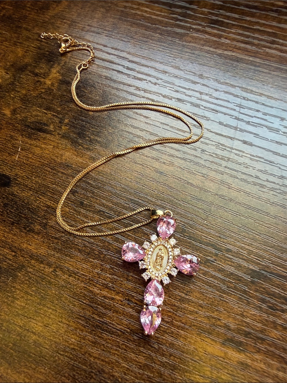 Gold-Tone Pink Crystal Cross Pendant Necklace -  virgin of Guadalupe